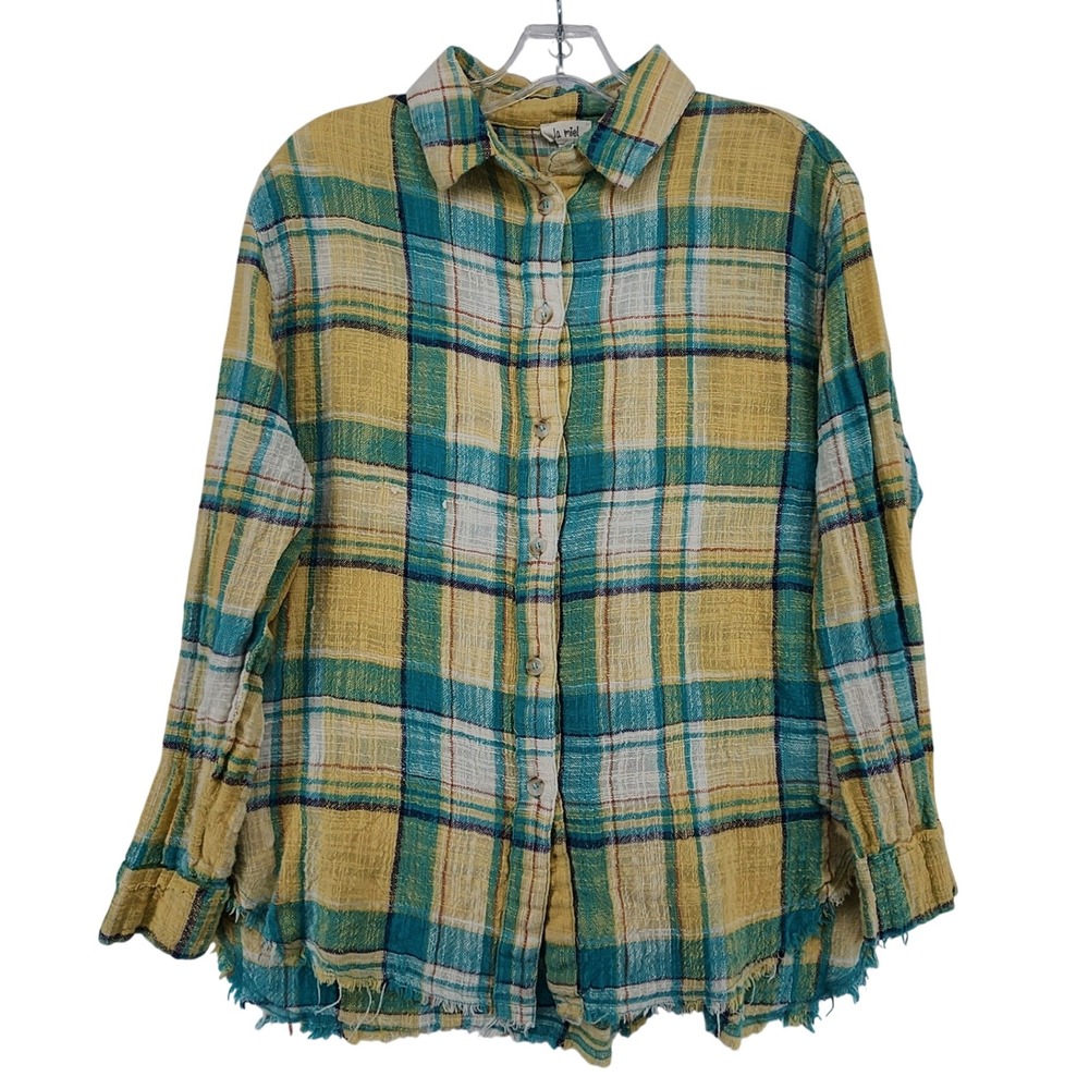 La Miel Large Yellow Aqua Plaid Raw Hem Gauze Button Down Shirt Boho Coastal
